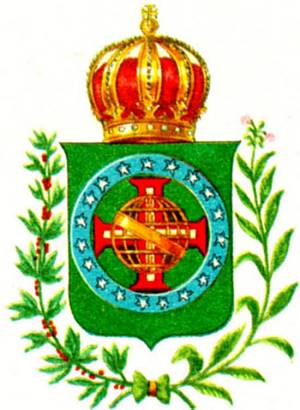 Escudo do Brasil Imprio, com os ramos de fumo e caf, as estrelas/provncias, a cruz de Cristo e a esfera armilar lusitana